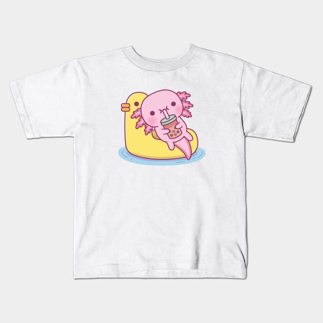 Cute Axolotl Chilling On Duck Pool Float Drinking Bubble Tea Kids T-Shirt by rustydoodle
